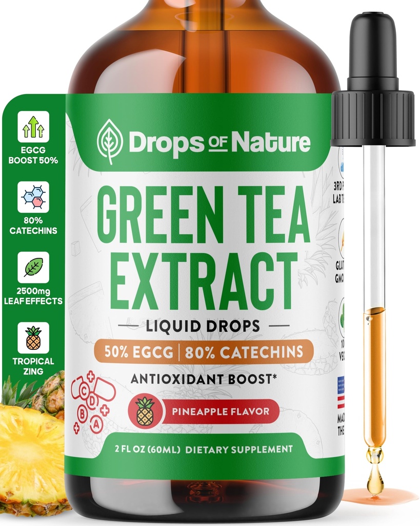 Zelený čaj 10:1 Extrakt 50% EGCG - Zelený čaj Tekuté kvapky - Vegan, 4X Silnejšie ako tablety a kapsule - 2oz Antioxidant a Immune Supplement - Podpora pokožky, srdca, zdravie mozgu a zvýšenie pamäte