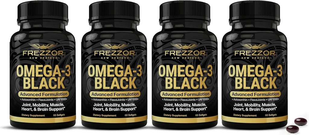 FREZZOR Omega 3 Black - najvyššia sila Green Lipped Mussel Oil Kapsule, Made in New Zealand, UAF1000+, Zápal, Spoločná starostlivosť a úľava, srdce a imunitná podpora, 60 Počet (Stock of 4)