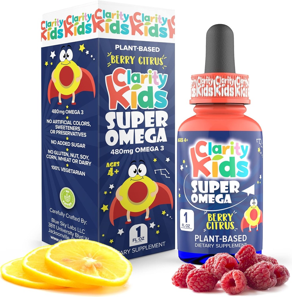 Jasnosť Deti Super Omega s DHA + EPA Omega 3 pre lepšie zaostrovanie a kvalitu spánkového algae olej Omega 3 Liquid (1 ml na obsluhu) Všetky prírodné DHA kvapky pre deti USA Made Supplement (1 fl oz)