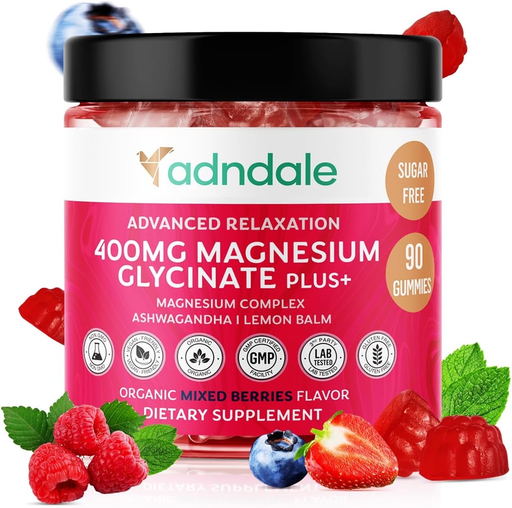 Adndale 90 CT Magnézium Glycinate Gummies 400 mg/Serv s Ashwagandha, Magnéziummalát a taurate, bezcukrové žuvačky pre dospelých a deti.