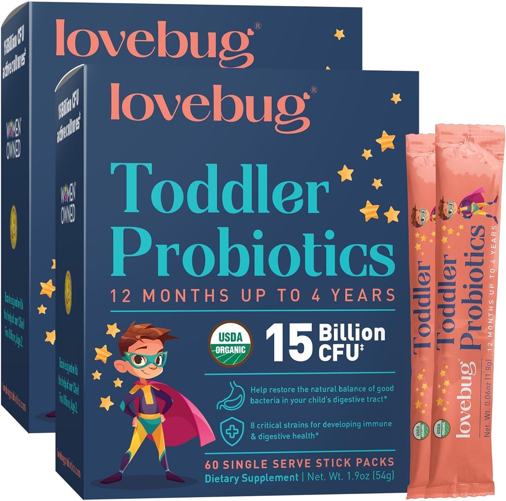 LOVEBUG Deti Probiotický prášok s prebiotickou Fiber - Batoľa Imunity Support & Cescase Relief - USDA Organic Probiotiká pre deti Gut & Digestive Health (Ages 1-4) - 60 Balenie (Neochutené)
