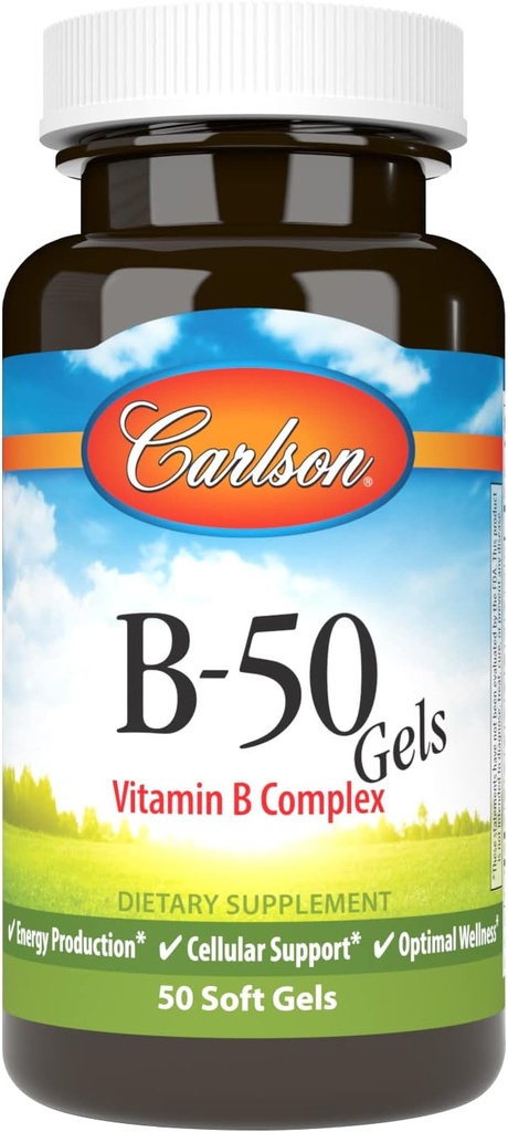 Carlson - B-50 Gels, vitamín B komplex, výroba energie, podpora buniek a optimal Wellness, 50 Softgels