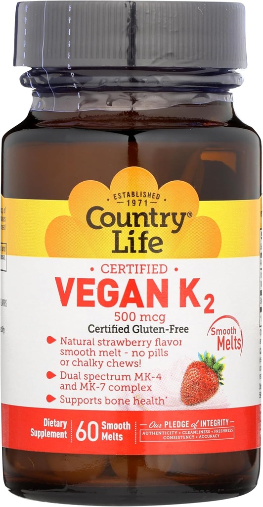 Country Life Vegan Vitamín K2, 500 μg, Dual Spectrum MK-4 a MK-7 Complex, podporuje zdravie kostí a zubov, 60 žuvacie tablety, Jahodová chuť