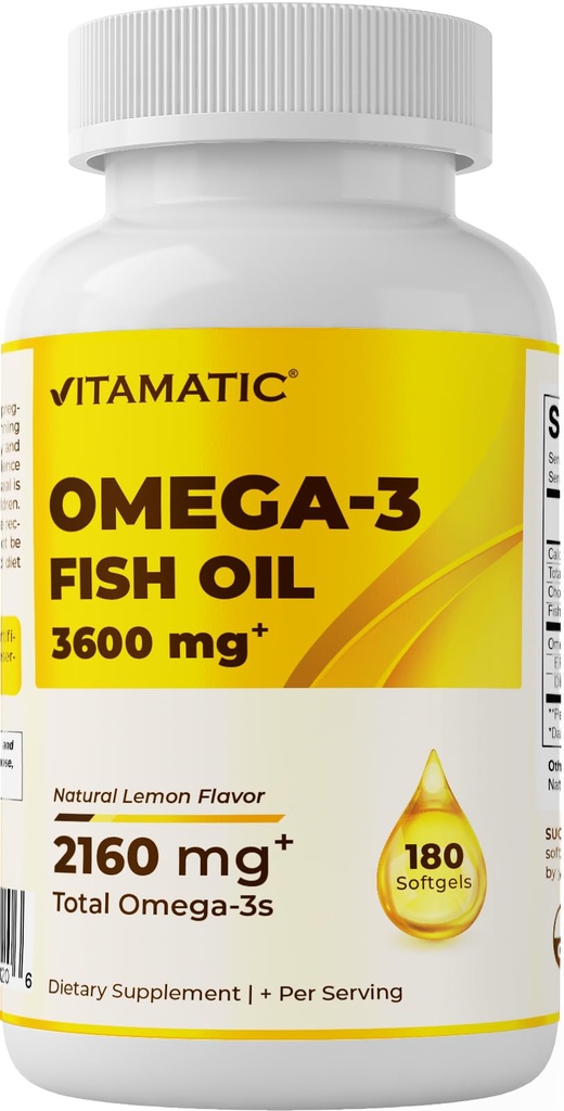 Vitamatic Triple Strength Omega 3 Fish Oil 3600mg Per Serving, 2160mg Omega 3 Mastné kyseliny, 1296mg EPA + 864mg DHA, Burpless Lemon Flavor, 180 Softgels