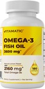 Vitamatic Triple Strength Omega 3 Fish Oil 3600mg Per Serving, 2160mg Omega 3 Mastné kyseliny, 1296mg EPA + 864mg DHA, Burpless Lemon Flavor, 180 Softgels