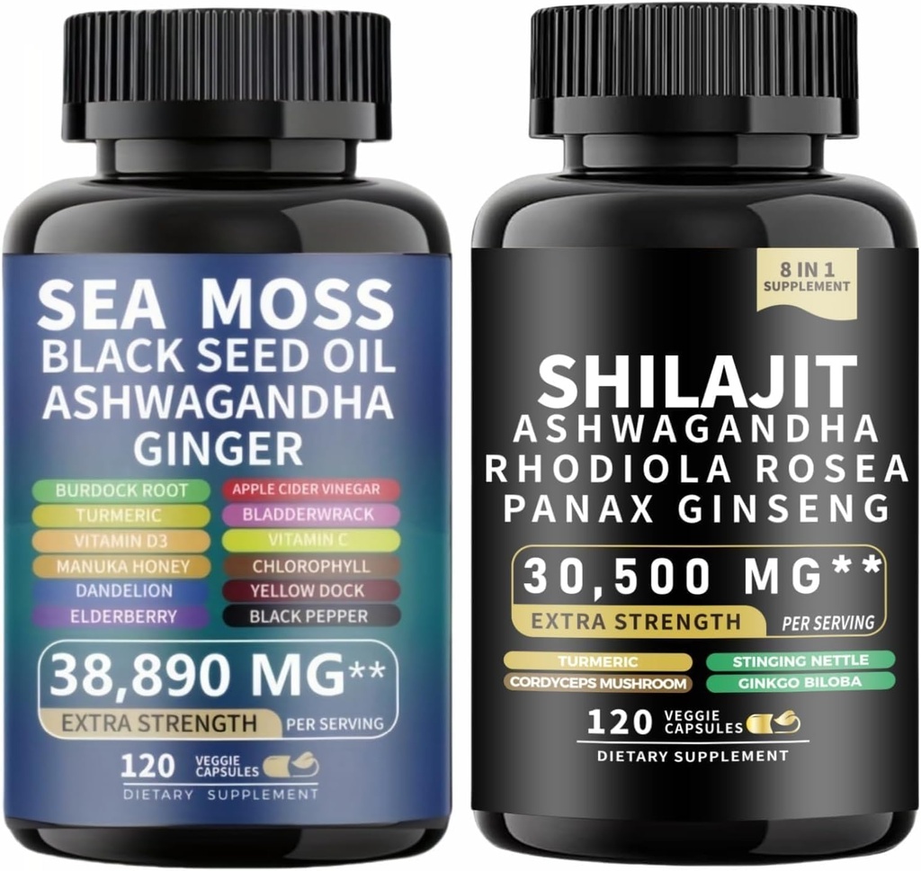 Morské machy a shilajit Sea Moss Black Seed Oil Ashwagandha Ginger&shilajit rhodiola rosea panax Ginseng (120 gróf (pack of 2))