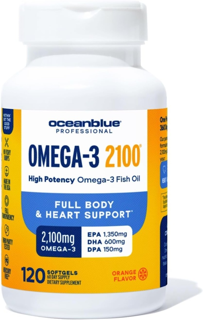 Oceanblue Professional Omega-3 2100-120 ct - High-Potency Triple Strength Burple Fish Oil with EPA, DHA & DPA - Wild Caught - Orange Flavor, 60 Servings