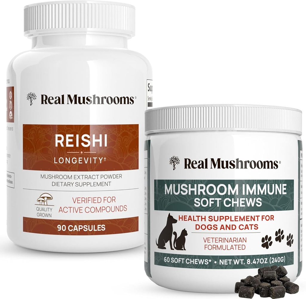 Real Huby Reishi Kapsule od Humans (90ct) & Mushrom Immune Pet Chews (60ct) - Bundle for longevity, Relaxation & Imunity - Ashwagandha, Astragalus & More - Vegan, Non-GMO, Gluten-Free