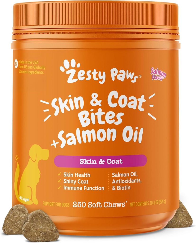 Zesty Paws Salmon Oil for Dogs Skin and Coat, Omega 3 Fish Oil Chews, Dog Allergy Relief Chews, Ich Relief Supplement, 250 Gróf, Salmon Flavor