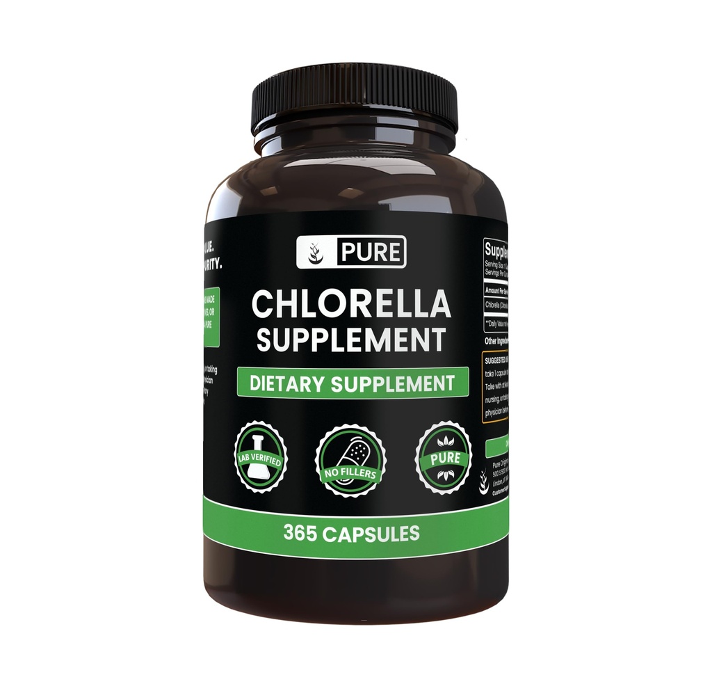 Pure Original Ingrediencie Chlorella (365 Kapsule) Žiadne horčík alebo ryžové výplne, Vždy čisté, Lab Overené