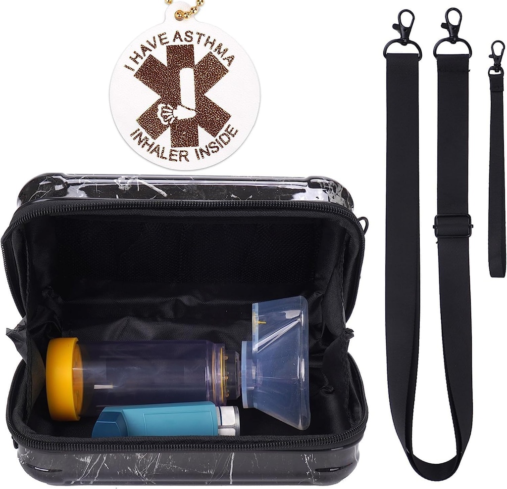 MGZNMY Travel Nosenie kufrík pre Astma Inhaler, Inhaler Spacer pre deti a dospelých, Masky, Držiak taška s ramienkou Crossbody Rope a Mesh Pocket pre medicínu (Iba prípad) (Čierny mramor)
