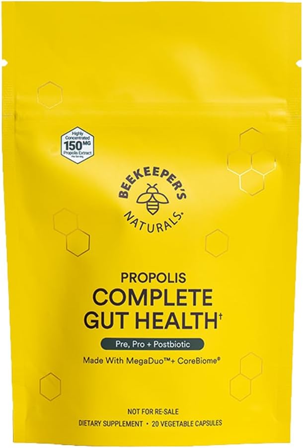 Včelárove prírodné kompletné zdravie Gut, 3-in-1 Prebiotické, postbiotické, probiotiká pre tráviace zdravie a úľavu od trávenia žien a mužov, Propolis Powered, Gluten-Free Vegánske kapsuly, 20ct