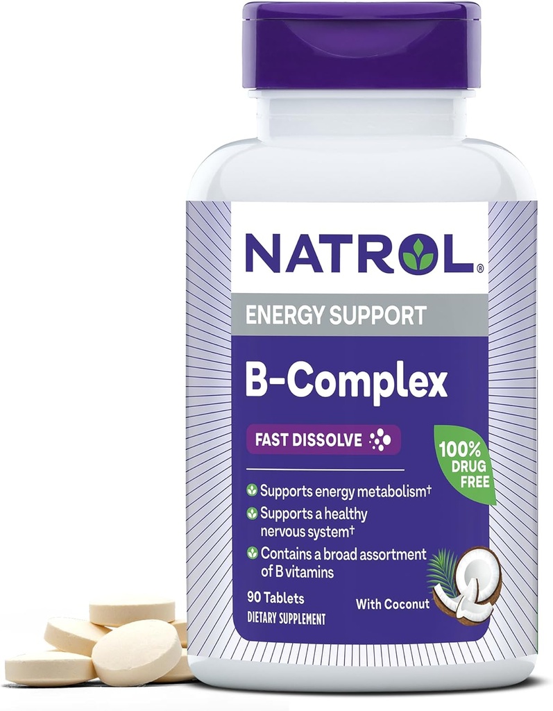 Natrol, B- Complex rýchle rozpúšťa tablety, doplnok podporuje energiu a podporuje zdravý nervový systém, 90 grófov