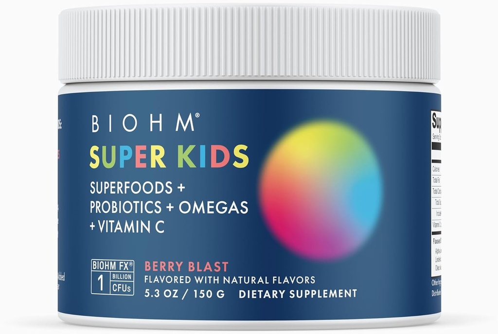 BIOHM Super Kids Superfood Powder Plus Probiotiká, (5,3 Oz, 30 Servings) Delicious Berry Blast, Antioxidanty, Omega 3 & Vitamín C, Non-GMO, Mliečne bez, Žiadne umelé zložky, Vegetarián, Vek 4+