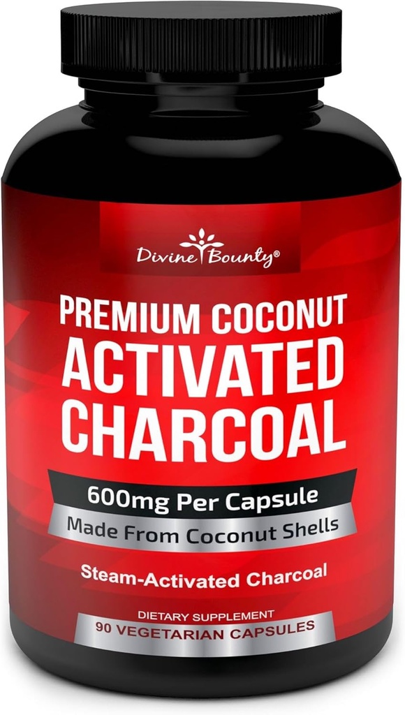 Divine Bounty Organic Activated Charcoal Kapsule - 600mg Coconut Charcoal Pills - 90 Veggie Caps