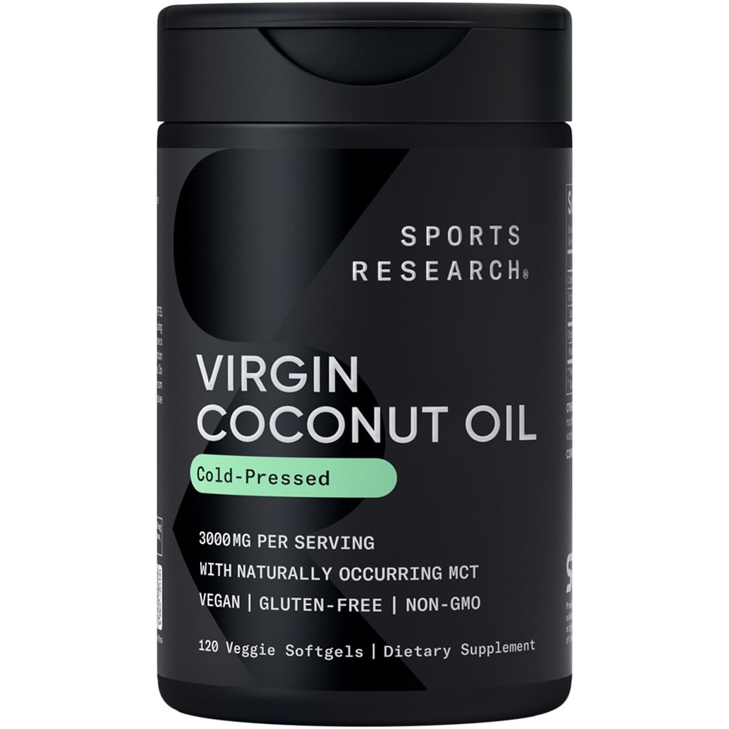 Sports Research® Organic Coconut Oil Capsules 3000MG - Cold Pressed Extra Virgin Coconut Oil with Medium Chain Triglyceridy (MCTs) - Vegan Friendly & Non-GMO Overené - 120 Softgels