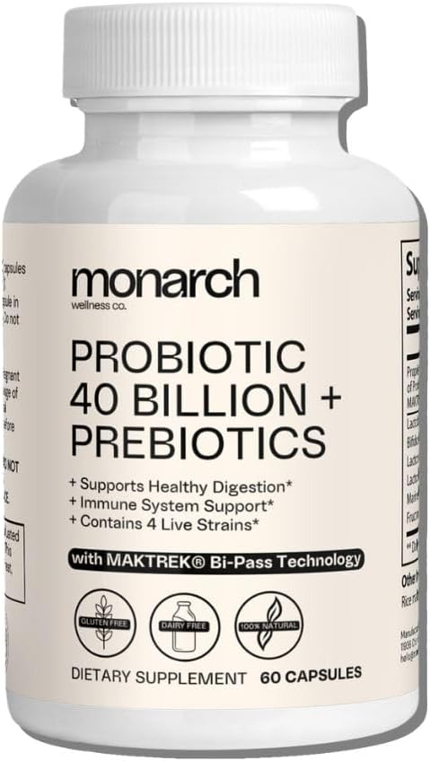 Probiotikum 40 miliárd + Prebiotiká: 4 rôzne kmene - Tráviace & Gut zdravie (60 kapsúl) - Probiotiká pre ženy a mužov - Prírodné 