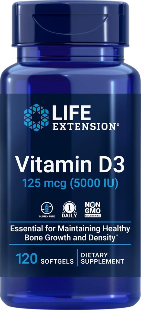 Predĺženie života Vitamín D3 5000 IU, 120 Softgels, 125mcg