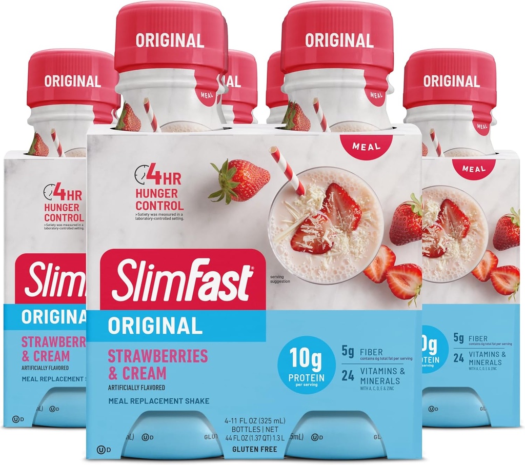 SlimFast Replacement Shake, Original Jahody & Cream, 10g pripravený piť proteín na chudnutie, 11 Fl. Oz fľaša, 4 počet (Packaging May Vary)