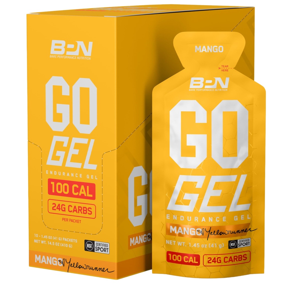BARE VÝKONNOSTNÁ VÝŽIVA, BPN Go Gél Endurance, 24 g karbohydrátov & 100 kalórií na balenie, Vegan + bezlepkový bežiaci gél, 10 jednoslúchadiel, Mango