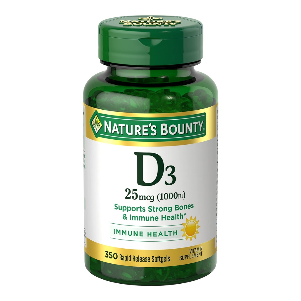 Príroda Bounty Vitamín D3 1000 IU Softgels, Imunitná podpora, Podporuje zdravé kosti, 1 Softgel za deň, bez lepku, 350 Počet