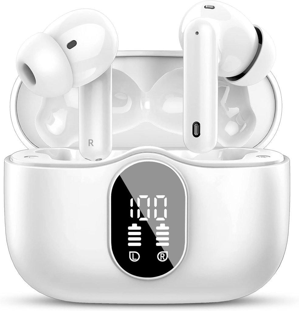 Btootos Bezdrôtové Earbuds Bluetooth 5.4 Slúchadlá Bass Stereo Ušné putá s hlučnosťou Zrušenie Mic LED displej v ušiach slúchadlá IP7 vodotesné 36H Playtime for Lapttop Pad Phones Sports Workout White