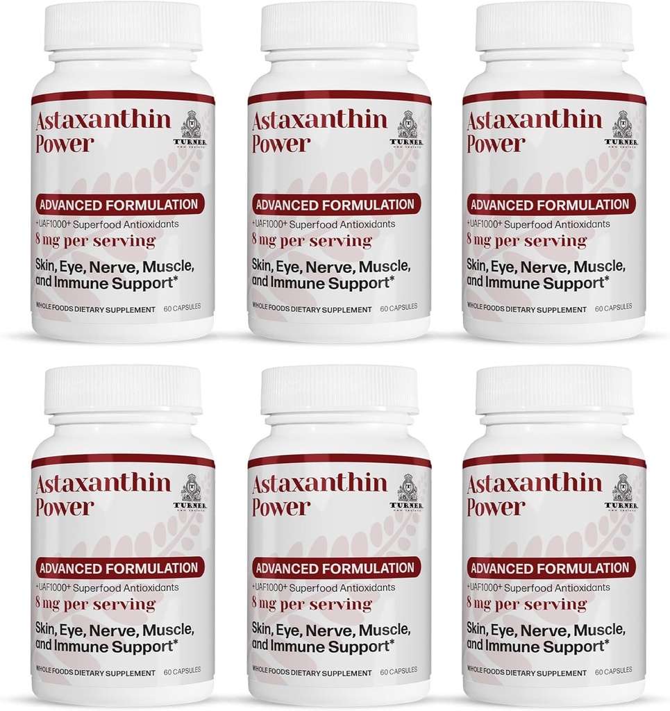 TURNER Nový Zéland Astaxantín Výkon s UAF1000+, Anti-Aging, koža, oko, Nerv, svalová obnova, Imunitná podpora Antioxidant Supplement, 12mg Astaxantin, 180 Serviv, 6 fliaš