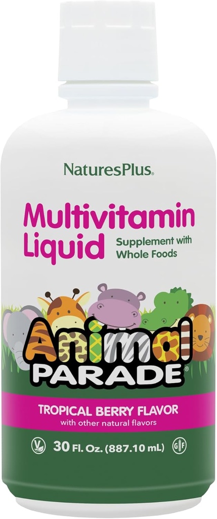 PrírodaPlus Živočíšny sprievod Zdroj života Detský tekutý multivitamín - Tropical Berry Flavor - 30 fl oz - celý potravinový doplnok - Vegetariánska, bezlepková - 60 porcií