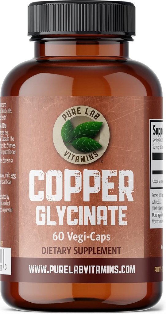 Pure Lab Vitamíny meď glycinát Minerálny doplnok -1 mg - 60 Vegan Caps Essential for Collagen Production, Supports Immune System & Red Blood Cell formation - Gluten Free Made in Canada