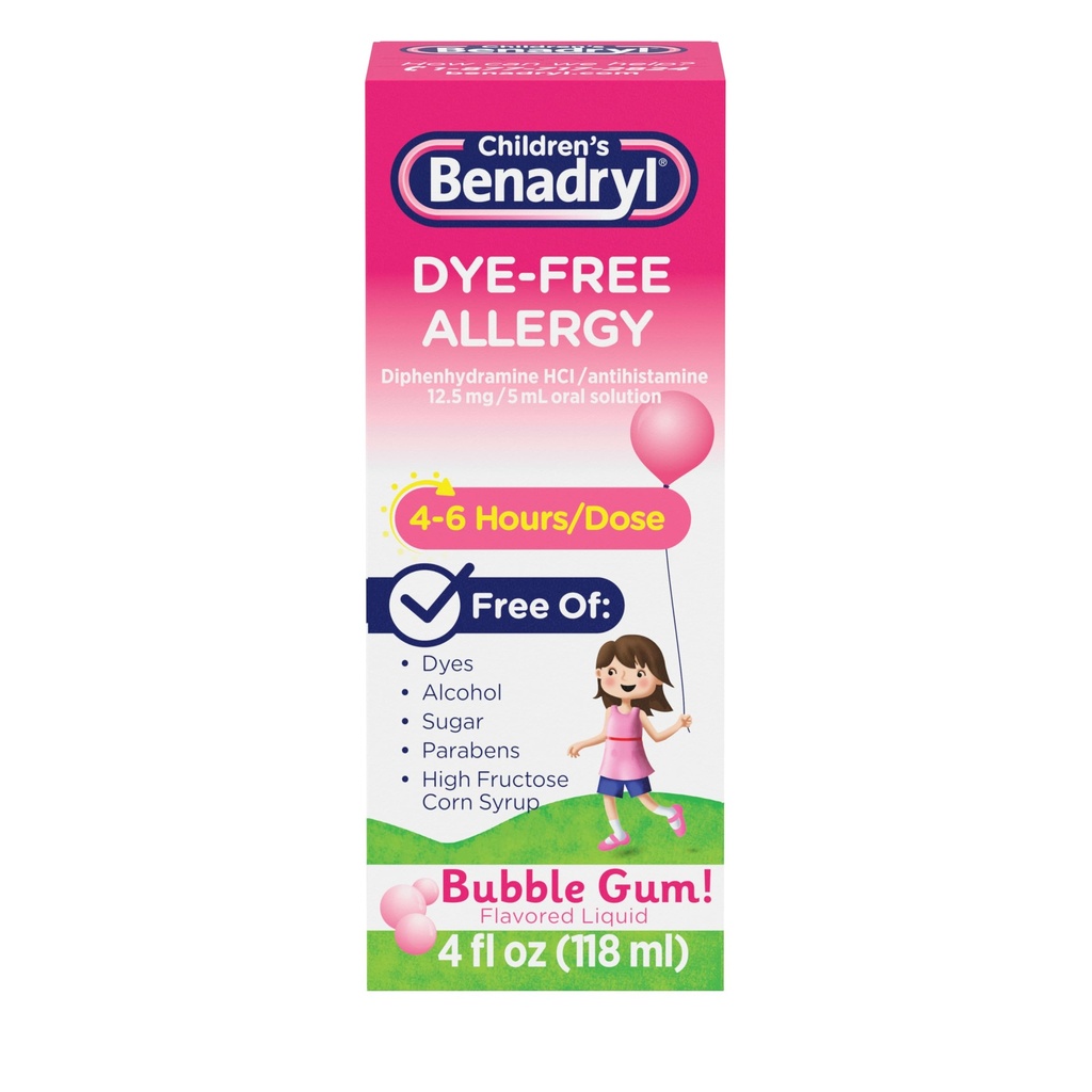 Detské benadrylové farbivo bez alergie Relief Tekutina + 12, 5 mg Difenhydramín HCl, Antihistaminika Alergická medicína pre deti Pomáha uľaviť Runny Nos a sipot, Bubble Gum Flavor, 4 fl. oz