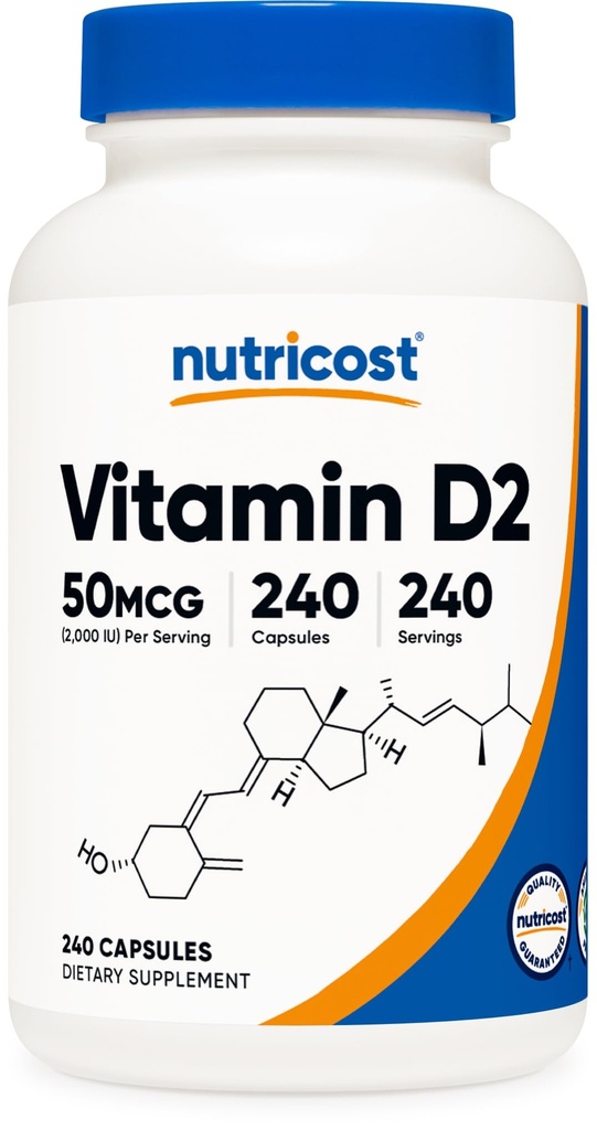 Nutricost Vitamín D2 Supplement (2000 IU) 240 kapsúl - Vegan, Non-GMO, Gluten-Free, Tretia strana testovaný
