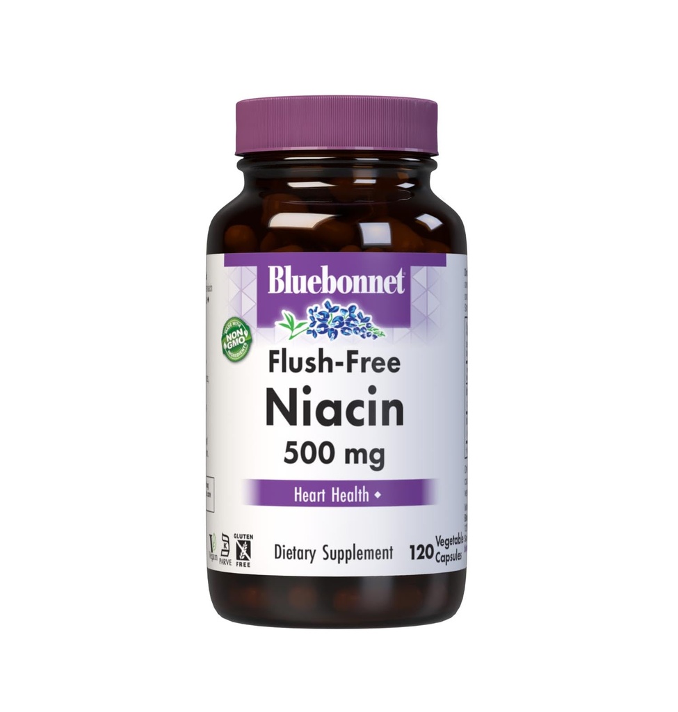 Bluebonnet Nutrition Flush-Free Niacin 500mg, pre Nutritional Cardiovaskulárna podpora Rastlinné kapsuly, Soy/Dairy/Gluten Free, Non-GMO, Kosher Certified, Vegan, White, 120 Count