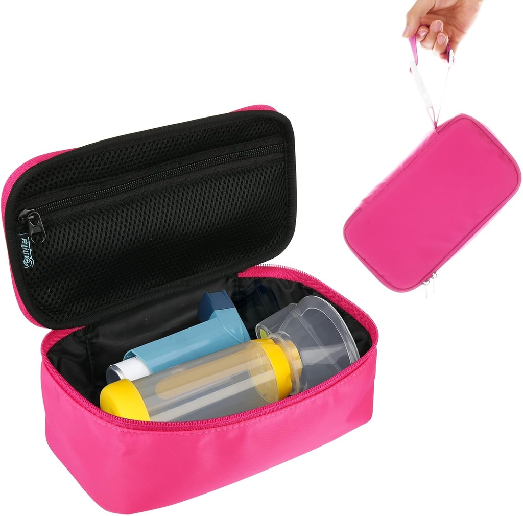 Beautyflier Cestovné tašky pre prenosné rozprašovač, inhalátor Spacer pre deti a dospelých, Inhaler Holder Astma Nosenie tašky s mesh vrecko pre medicínu a ostatné základné, ružová (iba prípad)