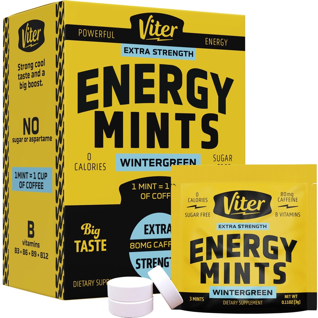 Viter Energy Kofeínové mäty 80mg Extra sila - 90 kusov kofeínu s vitamínmi B. Sugar Free Vegan Dýchacie mincovňa. Energizujte Nootropic Focus Booster pre rýchlu pohotovosť (Zimná zelená chuť, 30 Balenie)