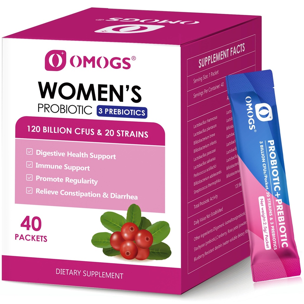 OMOGS Ženské probiotiká,120-biliónové CFU, 18 kmeňov, s 3 prebiotikami a brusnicovým extraktom, Pomoc pre imunitné posilňovacie, tráviace zdravie, zdravie Gut a vaginálne zdravie