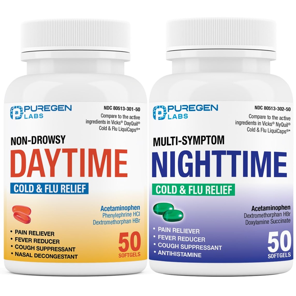 Puregen Labs Daytime and Nighttime Combo Pack, Cold and Flu Relief Medicine 