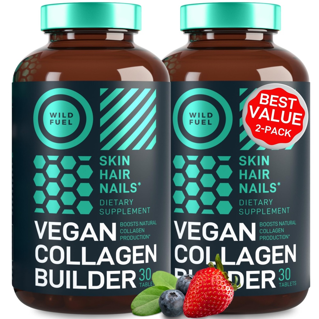 Vegan Collagen Booster Tablety - Kruté-Free Vegan Collagen Doplnky - Biotín, Organic Superfood, Rastlinné kolagén Vitamíny pre pokožku, vlasy, nechty - 2-Pack, 60 Vegeterian Collagen Boost Tablety