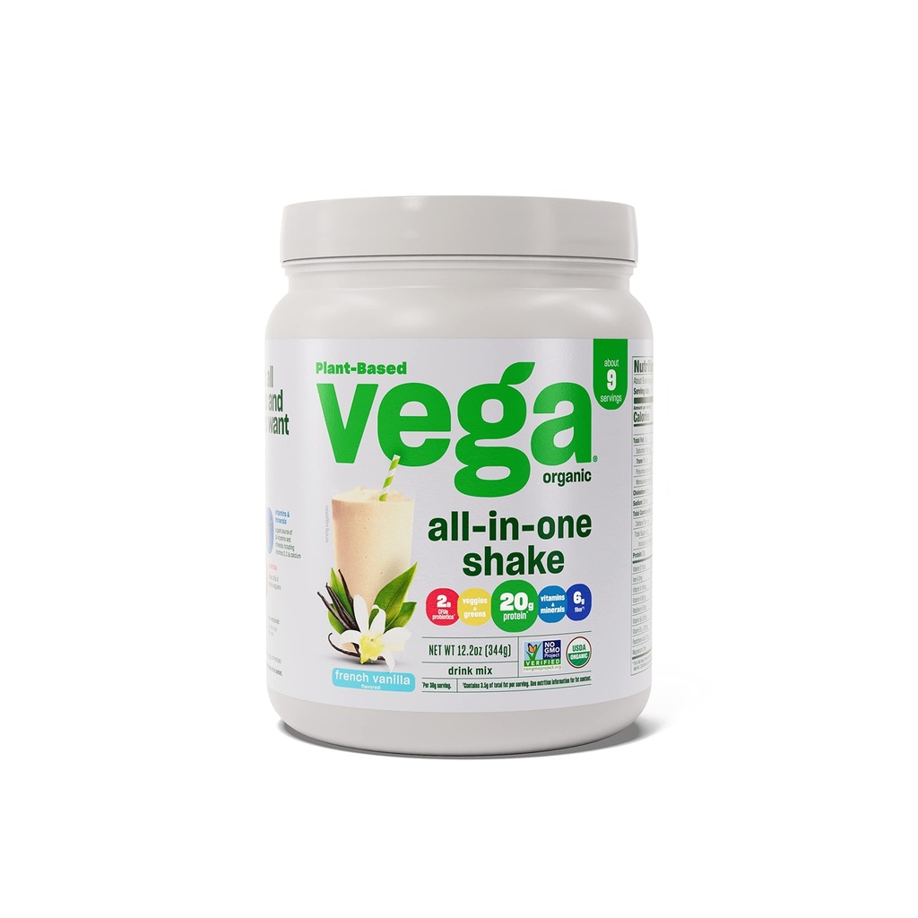 Vega Organic All-in-One Vegan Protein Powder, Francúzska Vanilla -Superfood Ingredients, Vitamíny pre Imunity Support, Keto Friendly, Pea Protein for Women & Men, 12.2 oz (Backaging May Vary)