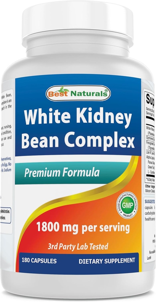 Najlepšie Naturals White Obličky Bean Complex 1800 mg per Serving- 180 Kapsule. Bez GMO a bez lepidla