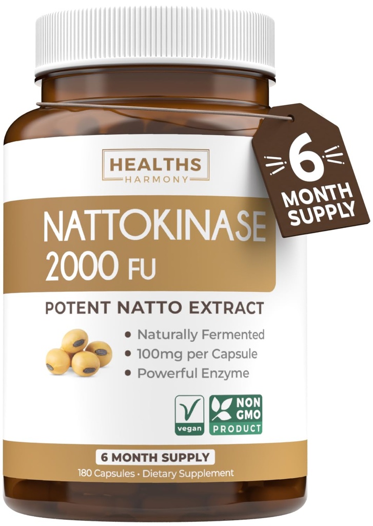 Zdravie Harmony Nattokináza 2000 FU (Non-GMO) Výkonný Nattokináza Supplement vyrobený z prirodzene fermentovaných sójových bôbov - (6 mesiacov dodávky) 180 Vegan Natto Kapsule