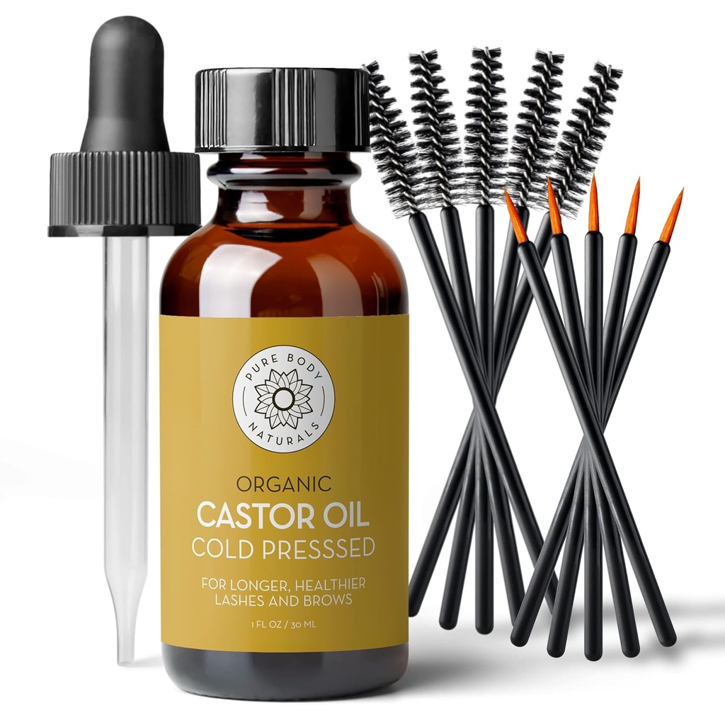 Pure Body Naturals Castor Oil pre riasy a obočie - 1 Fl Oz Výživné Obočie a Lash Rastúce sérum - Organické, Bez hexánu, Studené lisované, Nerafinované - Očné riasy a rast obočia sérum pre ženy