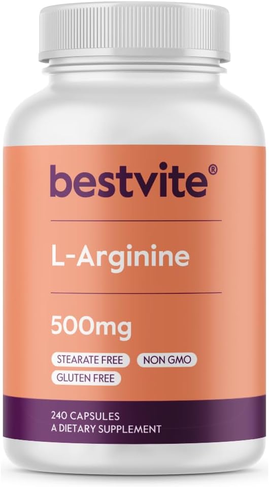 BESTVITE L-arginín 500 mg (240 kapsúl) - bez stearátu horčíka - bez oxidu kremičitého - bez výplne - Non GMO - bez lepidla
