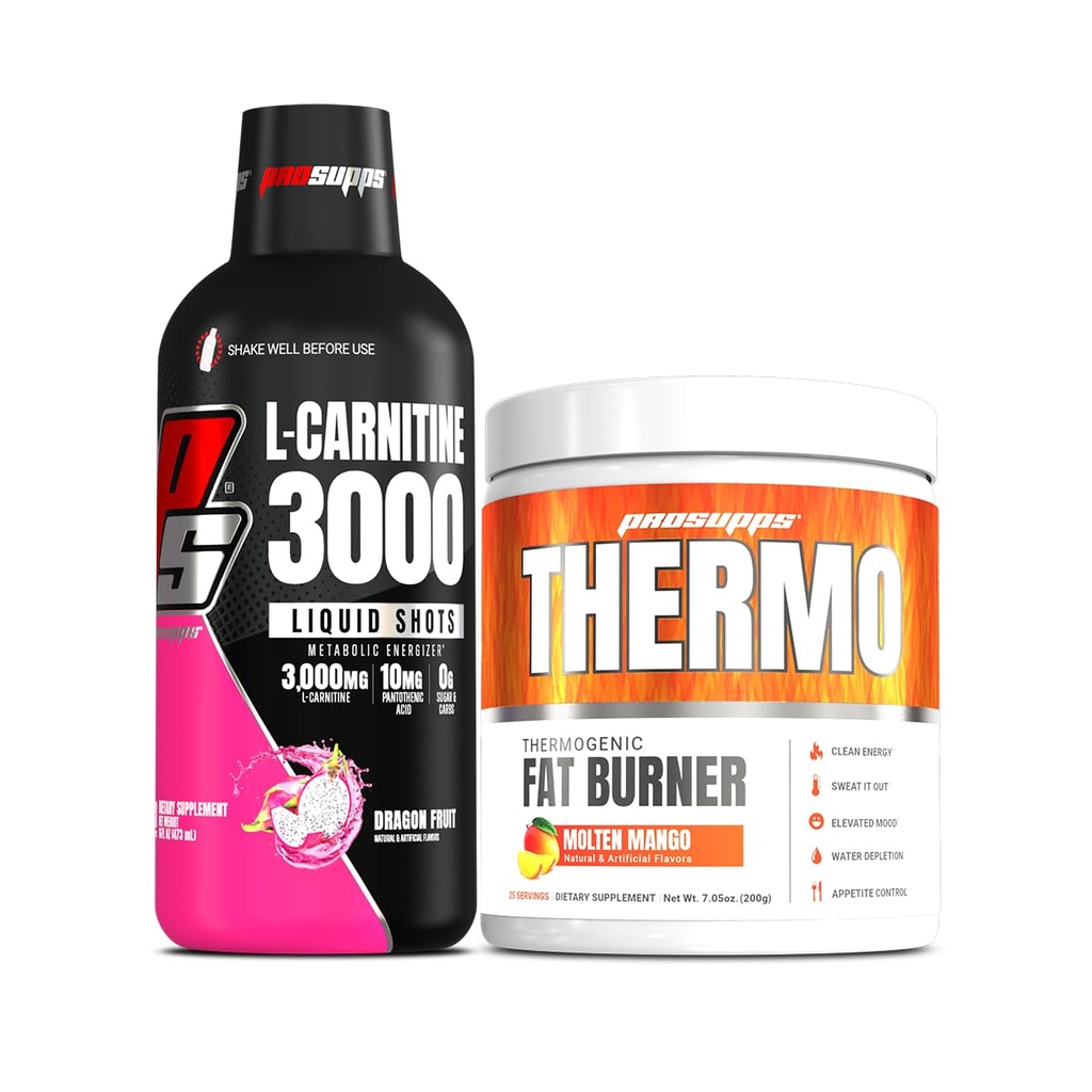 PROSUPPS L-karnitín 3000 Stimulant bez tekutých shotov (31 Servings, Dragon Fruit) a Thermo Tuk spaľovanie Thermogenický prášok (25 Servings, Molten Mango)