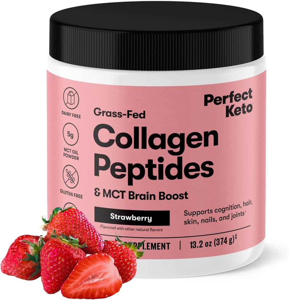 Perfect Keto Collagen Peptides Protein Powder with MCT Oil, Hydrolyzed Collagen, Typ I & III Supplement, Gluten Free Grass Fed, Low Carb, Keto Coffee Creamer, Collagen for Women & Muži, Jahodová