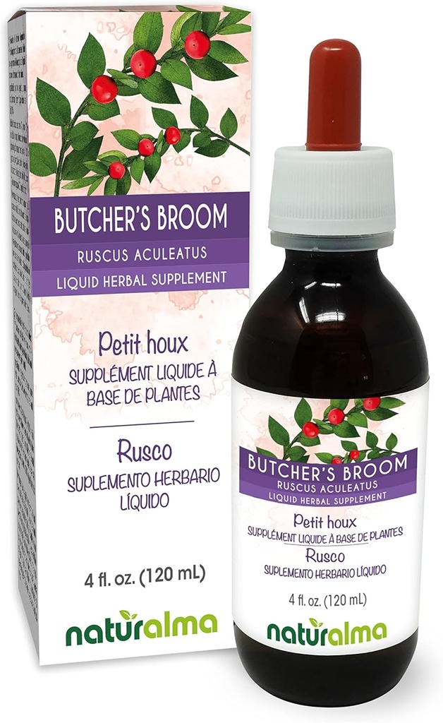 Naturalma Butcher je Broom (Ruscus aculeatus) Root bez alkoholu Tinture - 4 fl oz Liquid Extract in Drops - Bylinné doplnky - Vegan
