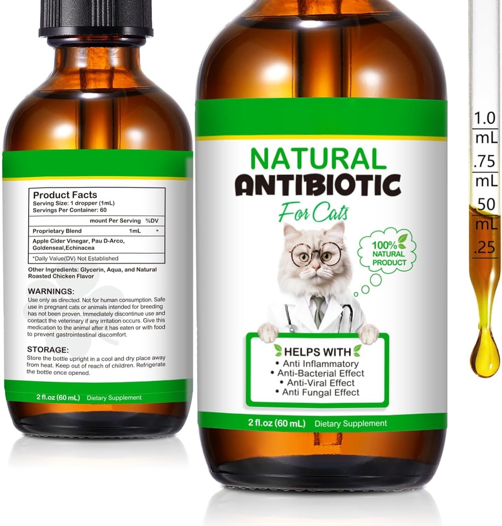 60ML Antibiotiká pre mačky, Premium Cat Antibiotiká Supplement, Mačky Multivitamín, Natural Antibiotic for Mačky, Cat Antibiotics, Cat Antibiotiká podporuje Immune & Mačky Alergická úľava-2 Fl Oz