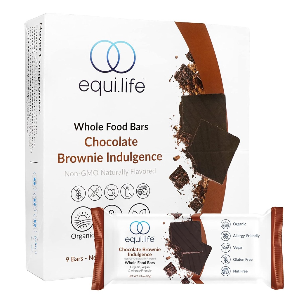 EquiLife - celé potravinové bary, paleo a veganské proteínové tyčinky, organické výživové tyčinky, 6g bielkovín, pod 200 kalórií, bohatá kakaová chuť, cestovanie, bezlepok, bez sóje (Chocolate Brownie, 9 gróf)