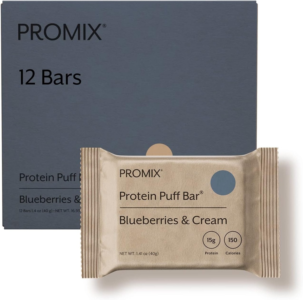 ProMix Nutrition Protein Puff Bars - Čučoriedky a smotana - Marshmallow Crispy Treat - Great Ochutnávka a zdravie na Go Snack - High Protein & Low Calorie - bez lepidla, sóje a kukurice - 12 Bary