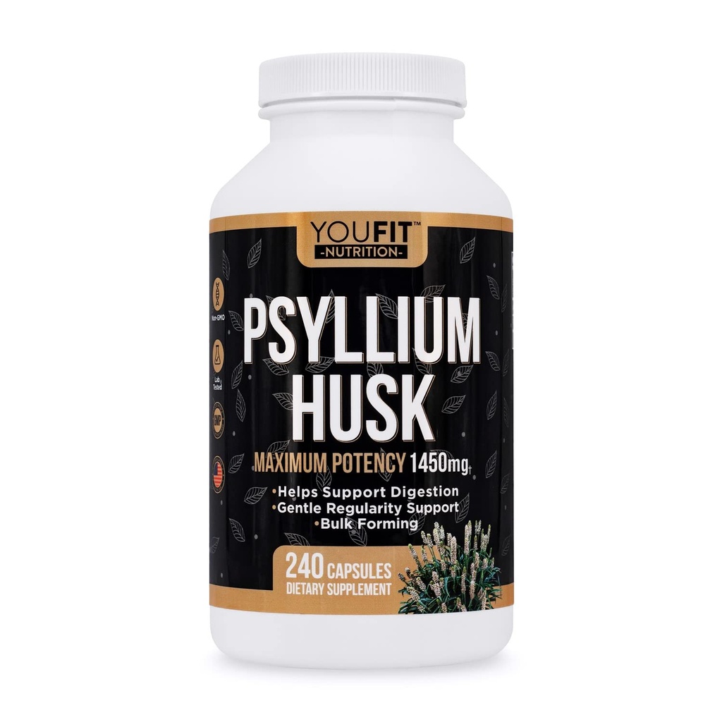 PSYLLIUM Husk Kapsule - Premium Psyllium Fiber Supplement - Podporuje Intestinálne zdravie a pravidelnosť - 100% Prírodné Rozpustné vlákno 1450mg za obsluhu - 240 Kapsule