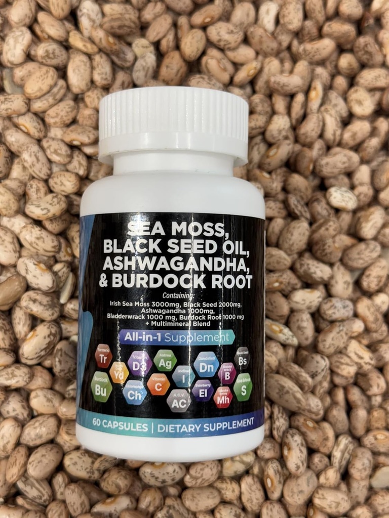 Morské machy, olej z čiernych semien, Ashwagandha, Burdock Root Supplement, 60 kapsúl